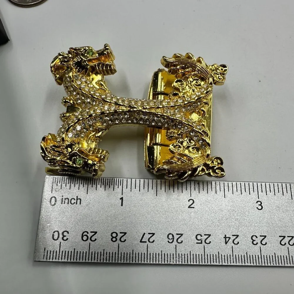 Double Dragon Rhinestone Ratchet Belt Buckle Gold Tone Automatic Slide